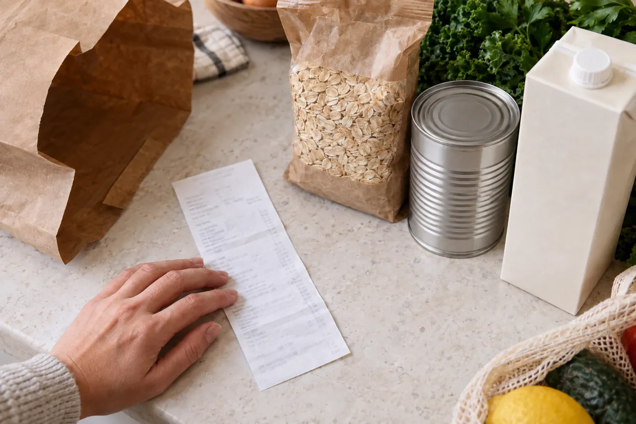 A paper grocery receipt laid flat beside pantry items